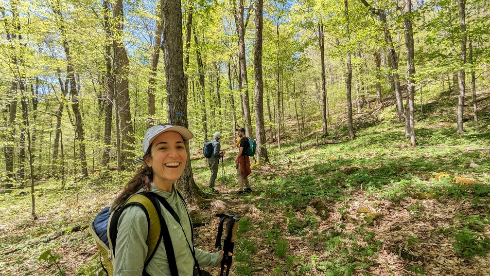 Alex hiking through open woods