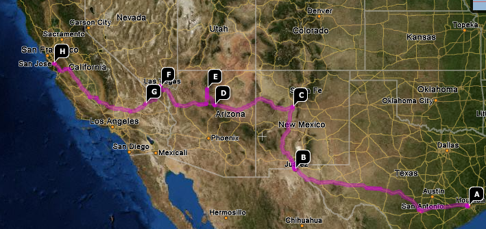 My route out west. I would have used Google Maps, but it couldn't draw a complicated trip like this!