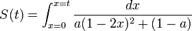 S(t) = \int_{x=0}^{x=t} \frac{dx}{a(1-2x)^2+(1-a)}