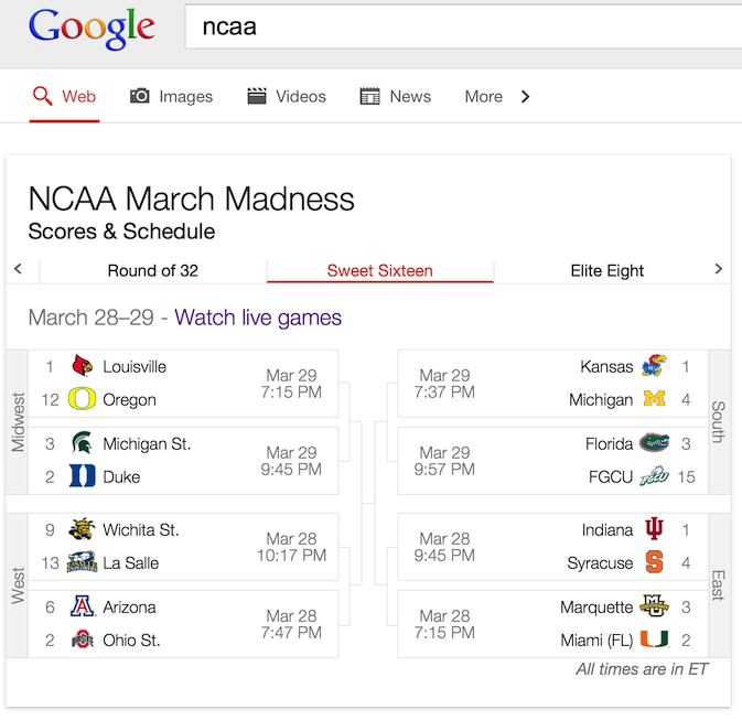 NCAA Bracket onebox showing Sweet Sixteen